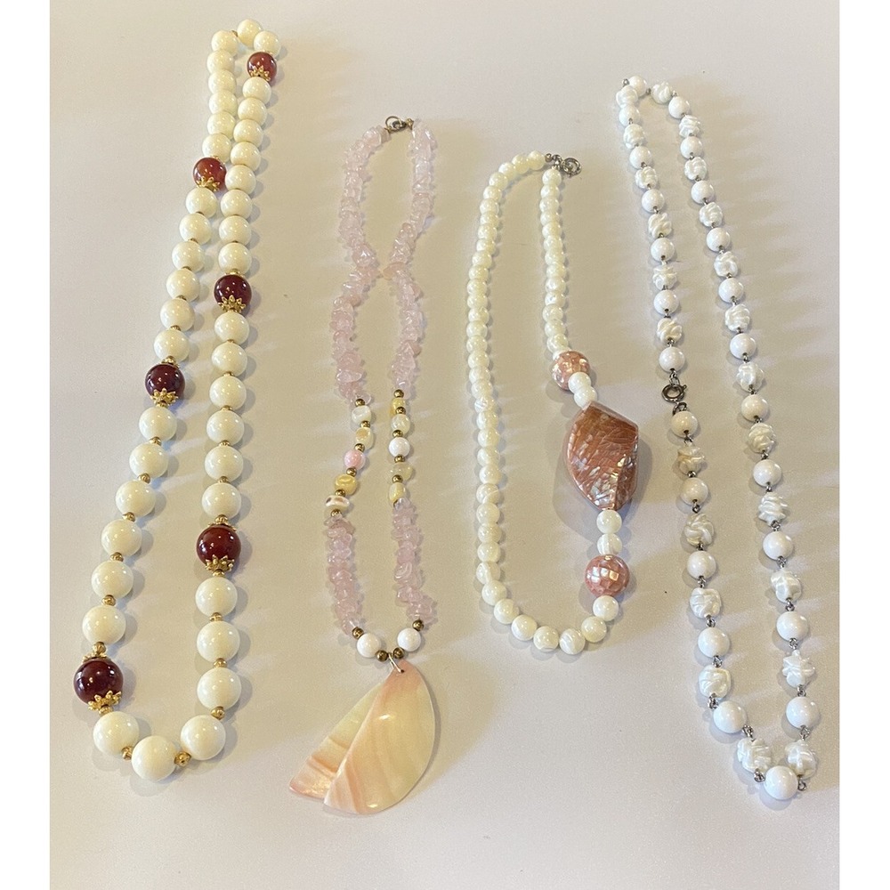 4 Vintage 80s Beaded Necklaces Pink White Red Satin Acrylic Shell Crystal